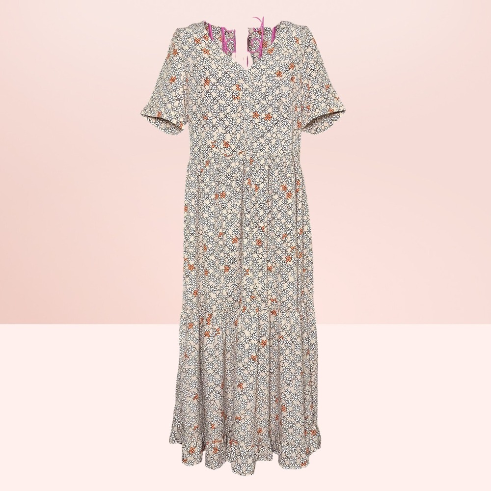 Sweewe Floral Tiered Maxi Dress Boho Cottagecore Tie Back Size S Tan White New